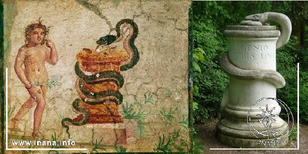 Schlange windet sich um Säule. Links historische Abbildung, rechts Schlangenstein im Park an der Ilm/Weimar