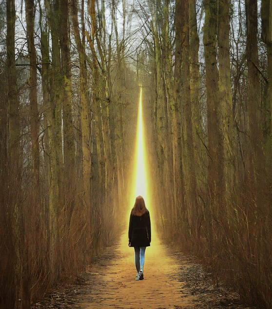 Frau im Wald auf einem leuchtenden Weg
