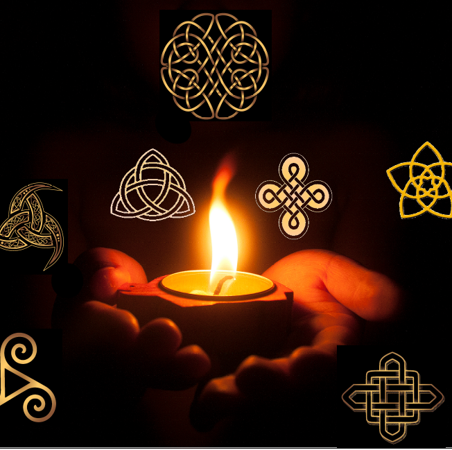 Kerze mit heiligen Symbolen im Hintergrund