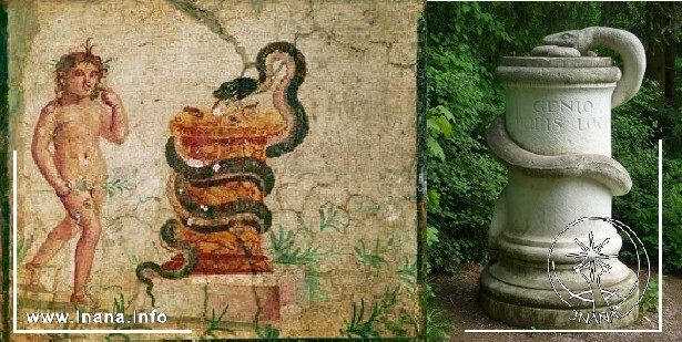 Schlange windet sich um Säule. Links historische Abbildung, rechts Schlangenstein im Park an der Ilm/Weimar