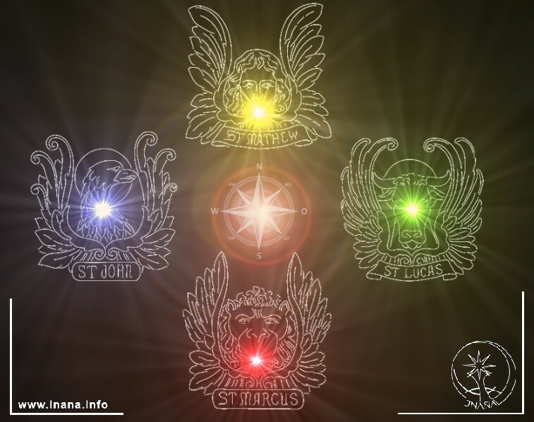 Die vier Evangelisten-Symbole mit farbigen Sternen