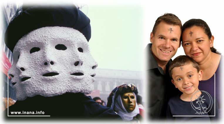 Karnevalsmaske und Familie mit Aschekreuz auf der Stirn