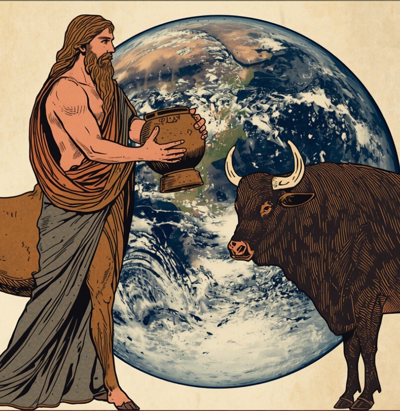 Chiron und Stier vor der Erde