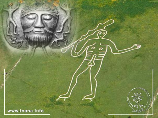 Die Kreidefelsenfigur: Riese von Cerne Abbas. Links darüber das Gesicht von Dagda aus Silber