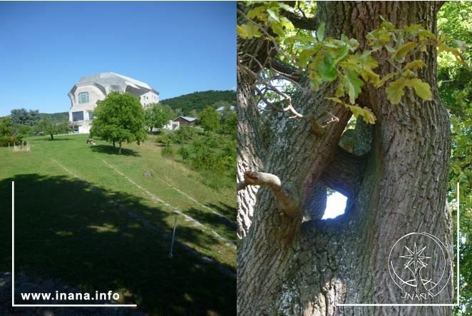 Links: Das Goetheanum in Dornach. Rechts: Engelsauge am Felsli