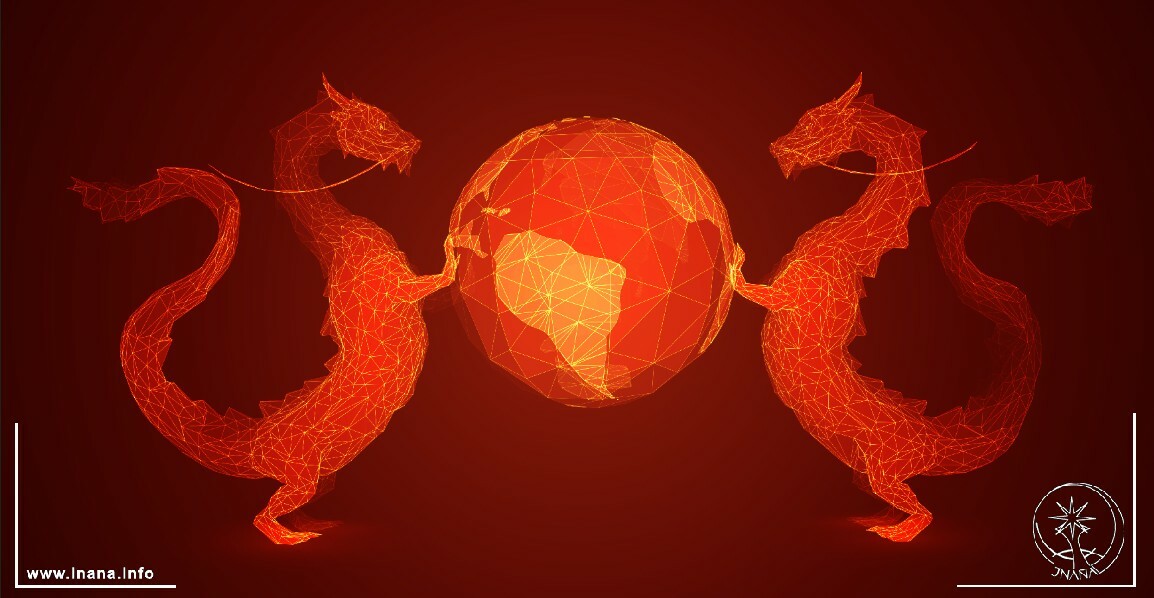 2 Drachen halten die erdkugel mit Liniennetzwerk