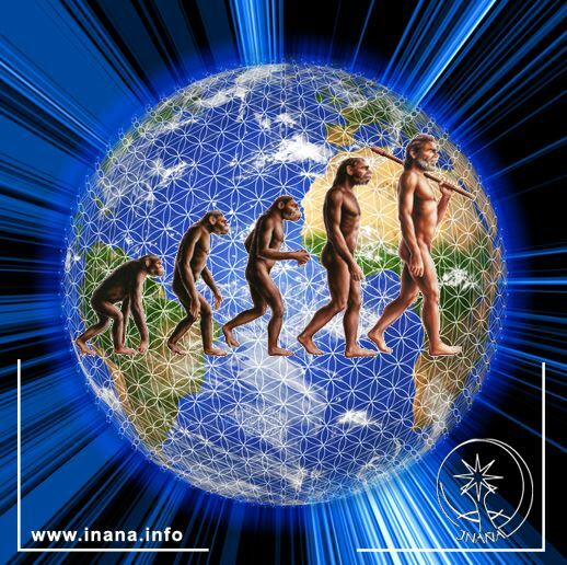 Evolution des Menschen vor der Erde mit Blume des Lebens