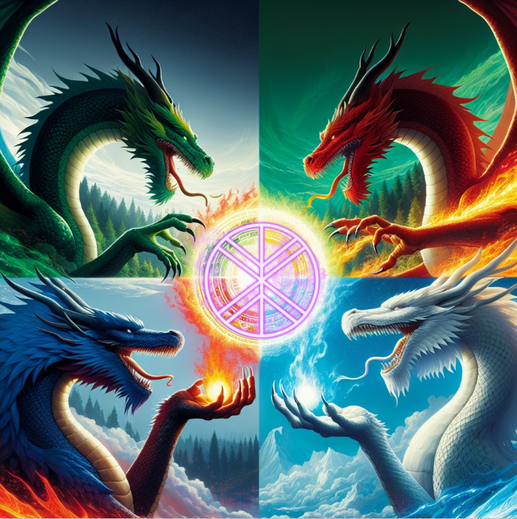 4 Drachen der Elemente halten ein Symbol