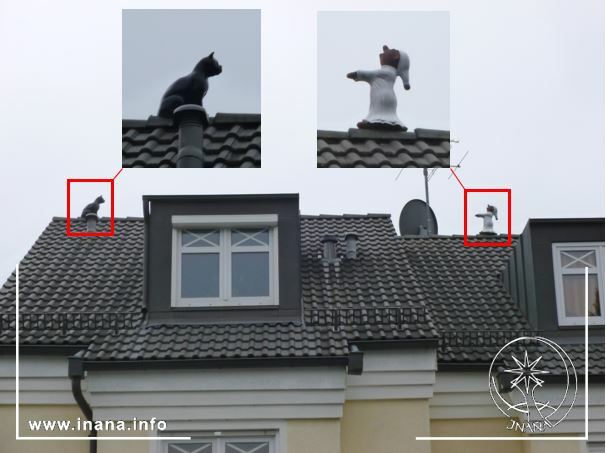 Firstfiguren: links eine Katze, rechts ein Schlafwandler