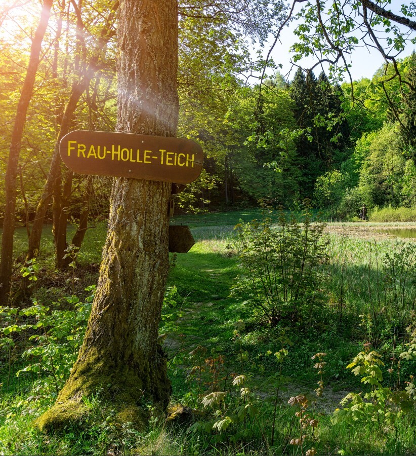 Schild am Baum "Frau Holle Teich"