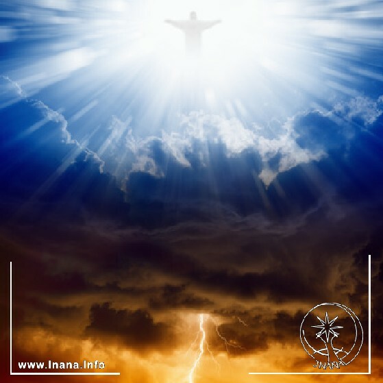 oben christusartige Gestalt im Licht unten Wolken und Gewitter