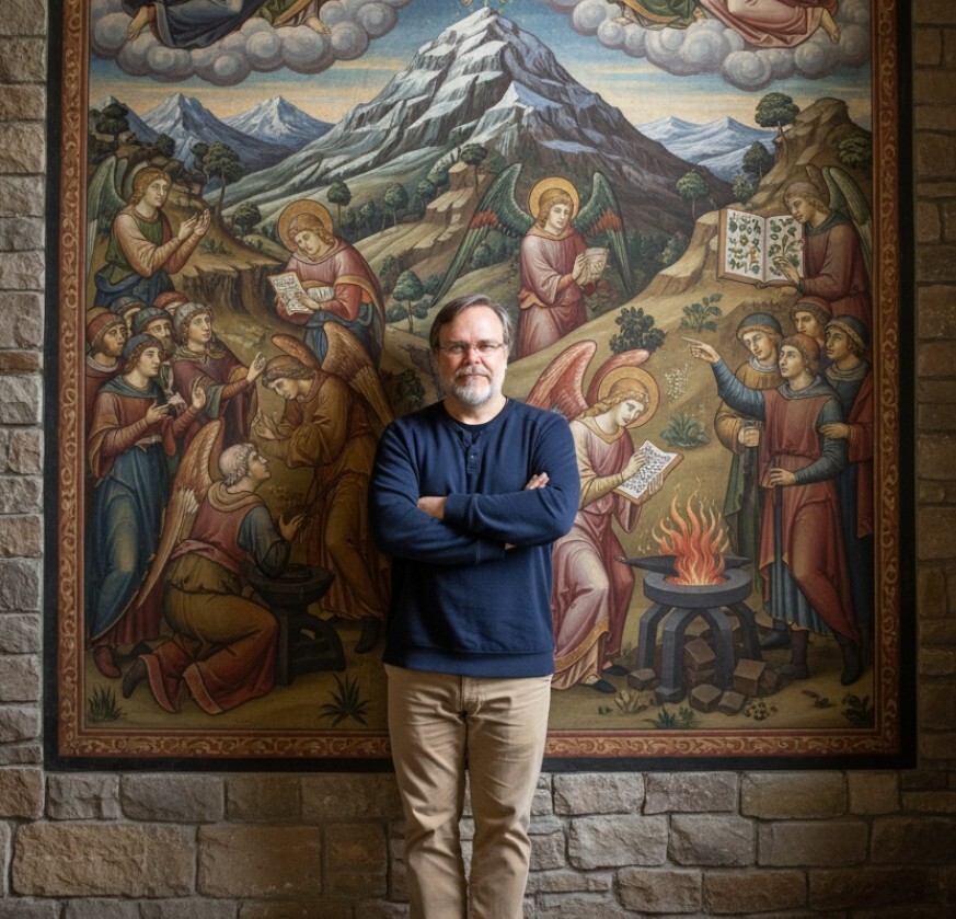 Stefean Brönnle vor einem Wandlbild mit Engeln