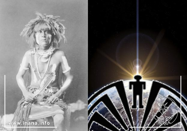 Links: Historisches Bild Hopi-Indianer; Rechts Erde mit Hopi-Symbol für Leben (Ausschnitt)