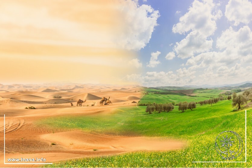 linke Seite Wüste. rechte Seite fruchtbare Landschaft