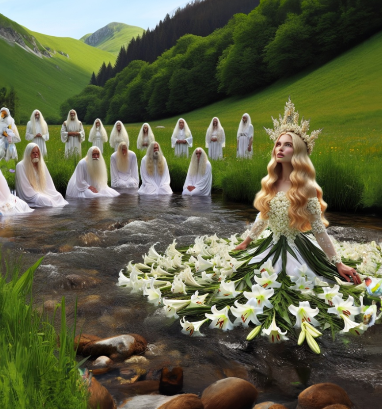 Blonde Frau mit Krone und Blumenkleid im Wasser. Dahinter weiße Gestalten