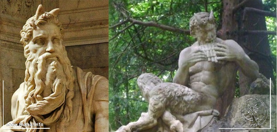 links: Abbildung des Mose von Michelangelo. Rechts: Panstatue Nymphenburger Schlosspark