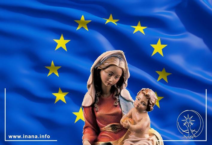 Europaflagge. Davor eine Madonna