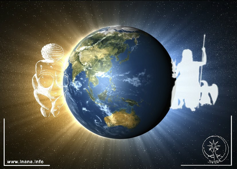 Erdkugel. Links Venus von Willendorf, Rechts Zeus