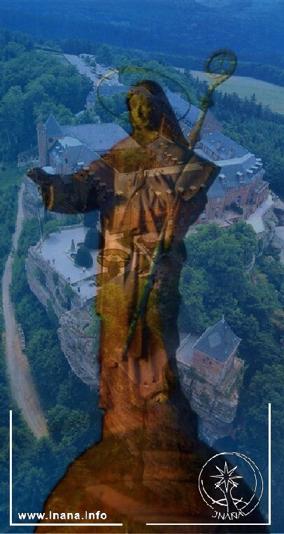 Odilienberg Luftbild, überlagert mit Statue Odilia