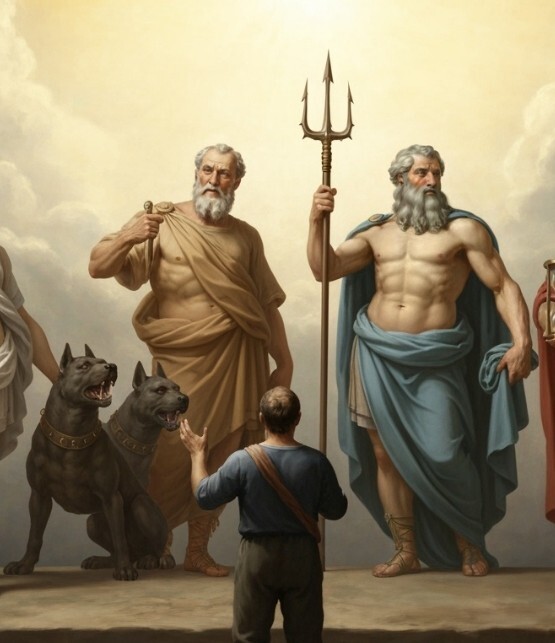 Mensch steht vor vier Göttern, von denen Pluto und Neptun im Ausschnitt sichtbar sind