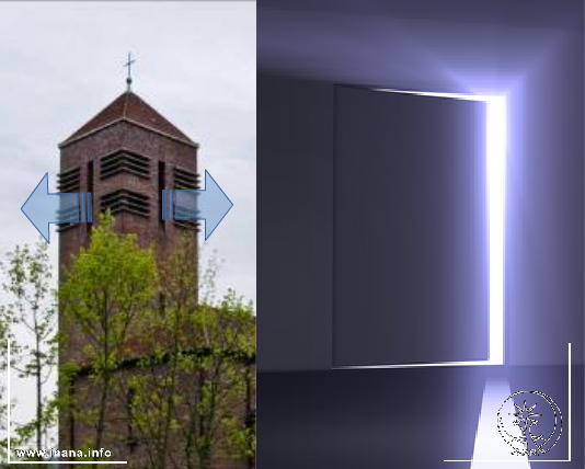 Kirchturm mit Schallschlitzen und Türspalt