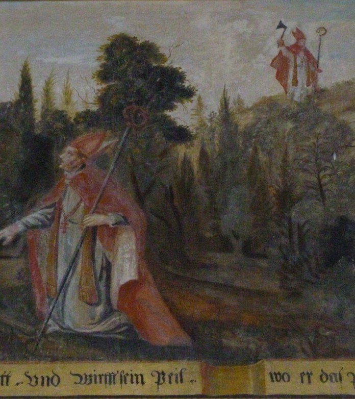 Historisches Bilkd St. Wolfgangbeim Axtwurf und Steinerweichung
