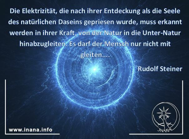 Kreis aus elektrischen Funken. Davor das Steiner-Zitat