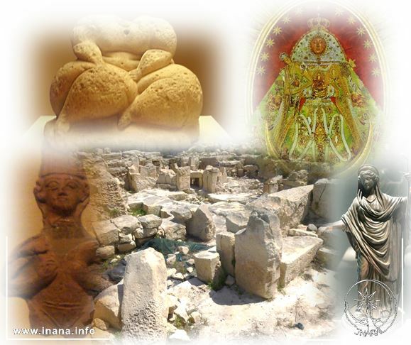 Ausgrabungsstätte Ta Silg umgeben von verschiedenen göttinnen-Stauetten