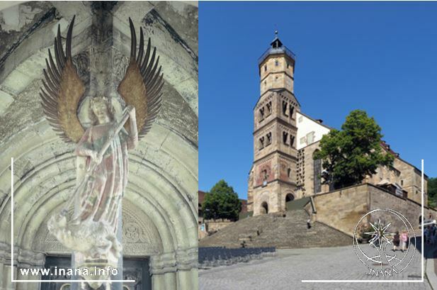 Links Michaelssäule, rechts: St. Michael/Schwäbisch Hall