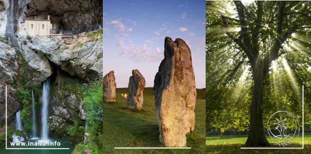 Kirche über Wasserfall - Menhir - Baum, durch den Sonnenlicht fällt