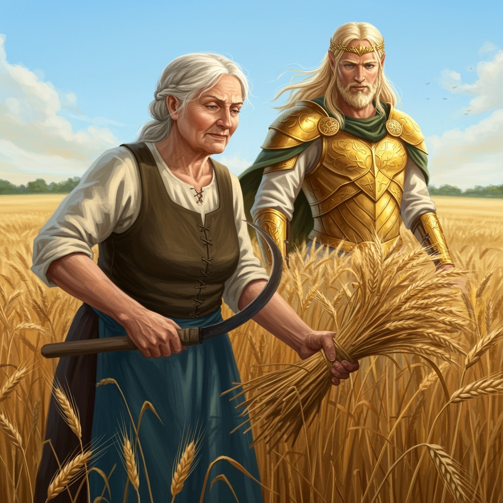 Alte Frau mit Sichel im Getreidefeld. Hinter ihr der Gott Lugh