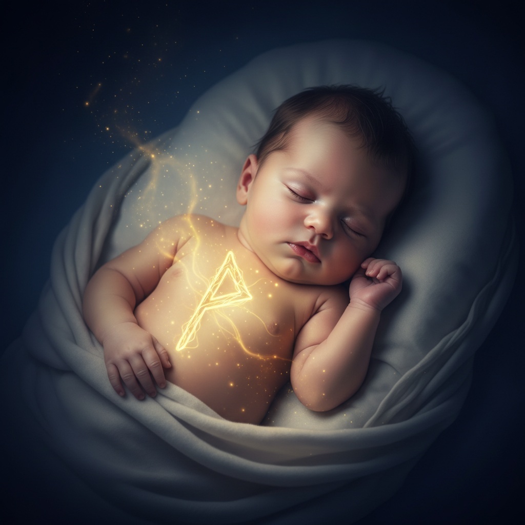 Schlafendes Kind mit der leuchtenden Rune Wunjo auf der Brust