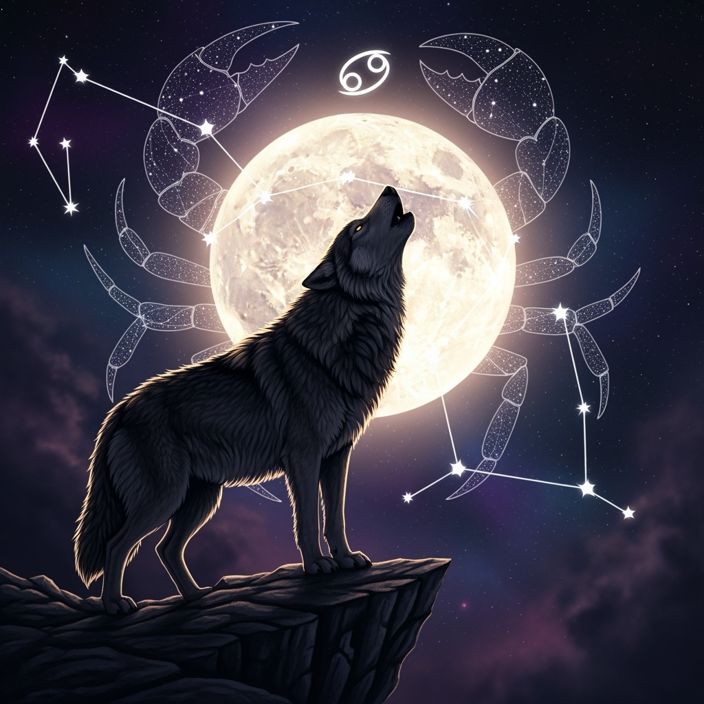 Wolf heult vor Vollmond im Krebs