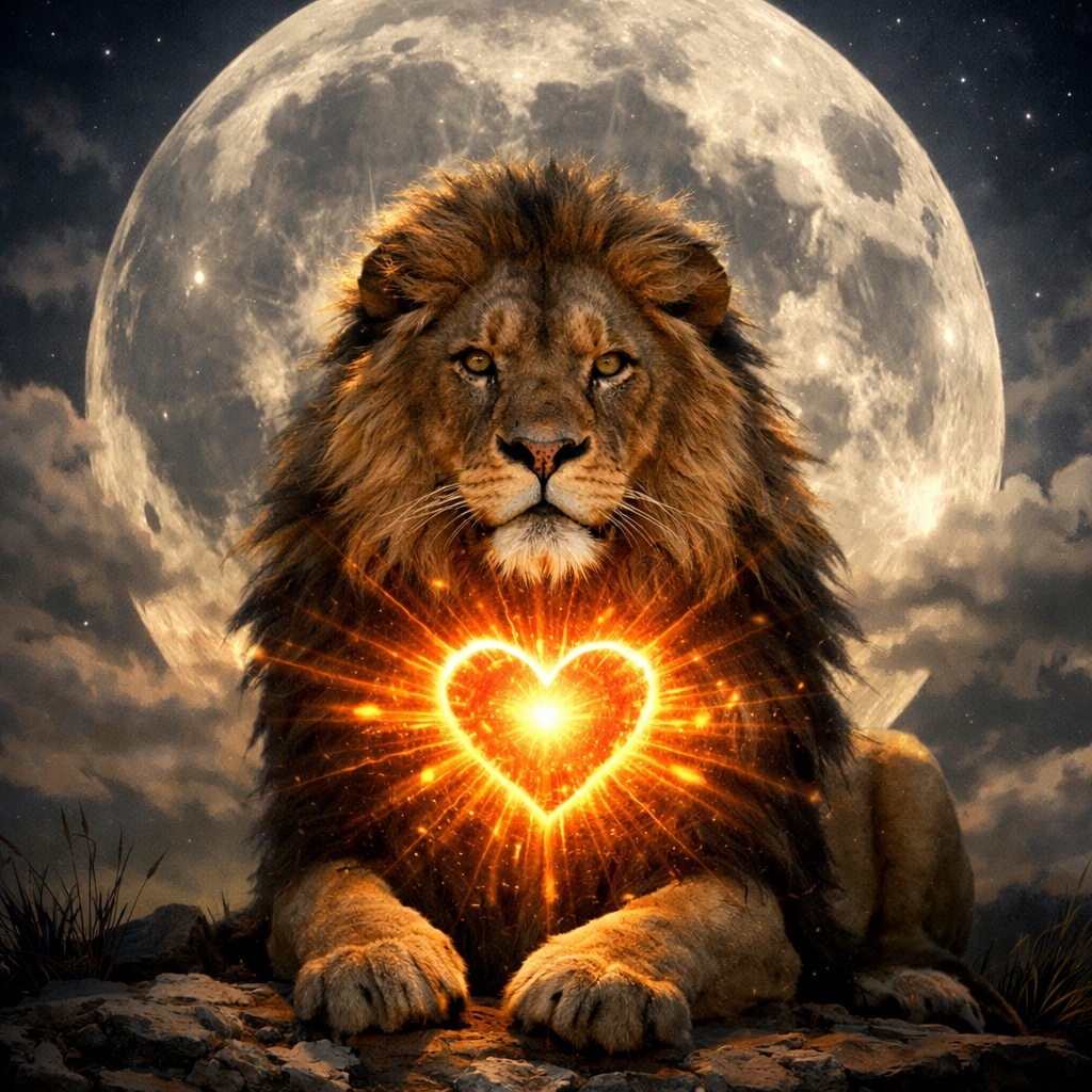 Löwe mit strahlendem herz vor dem Vollmond