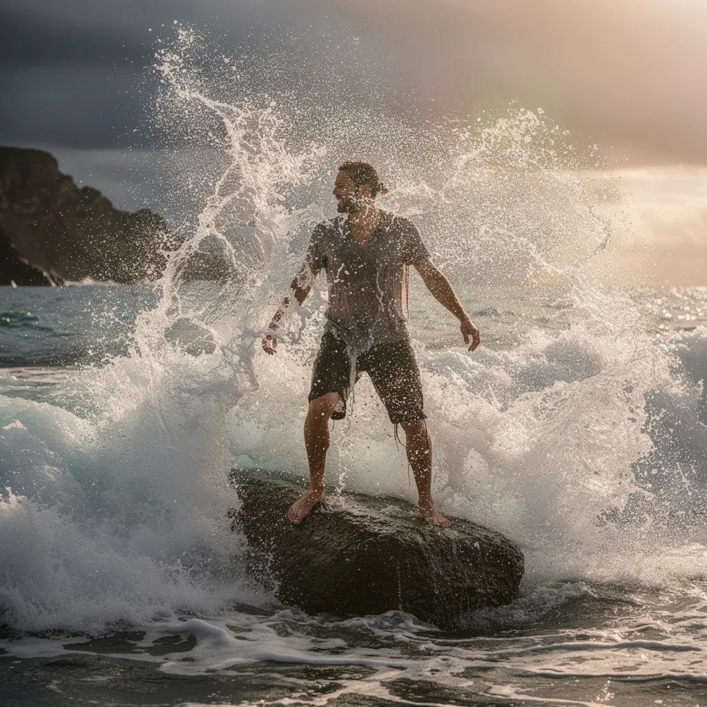 Mann in der Gischt von Wellen