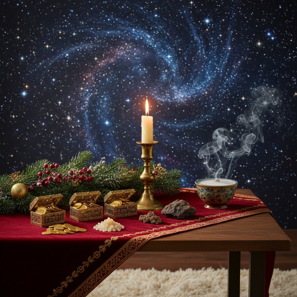 Kerze und Weihrauch, Myrrhe und Gold auf einem Tisch vor Sternenhimmel