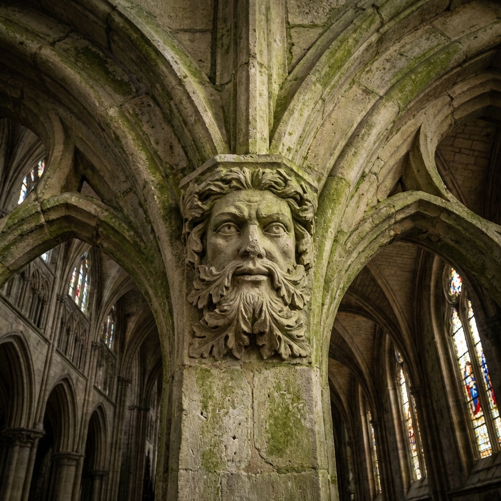 Grüner Mann mit Blättergesicht in Kirche